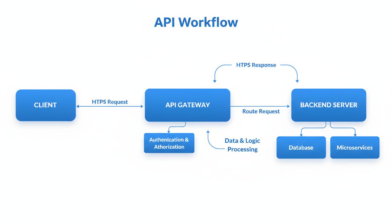 Diagrama de fluxo de API mostrando aplicação cliente enviando requisição ao gateway de API que direciona ao servidor backend e retorna resposta