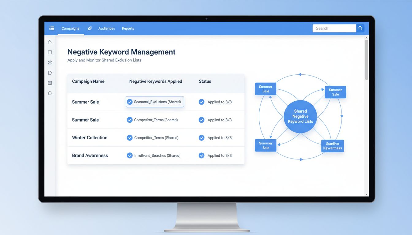 Dashboard mostrando interface de gerenciamento de palavras-chave negativas com múltiplas campanhas e listas de palavras-chave negativas compartilhadas sendo aplicadas simultaneamente
