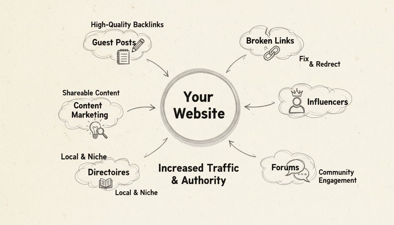 Diagrama desenhado à mão mostrando a estratégia de links de entrada com nó central do site conectado a múltiplas fontes de links, incluindo guest posts, marketing de conteúdo, diretórios, fóruns e influenciadores