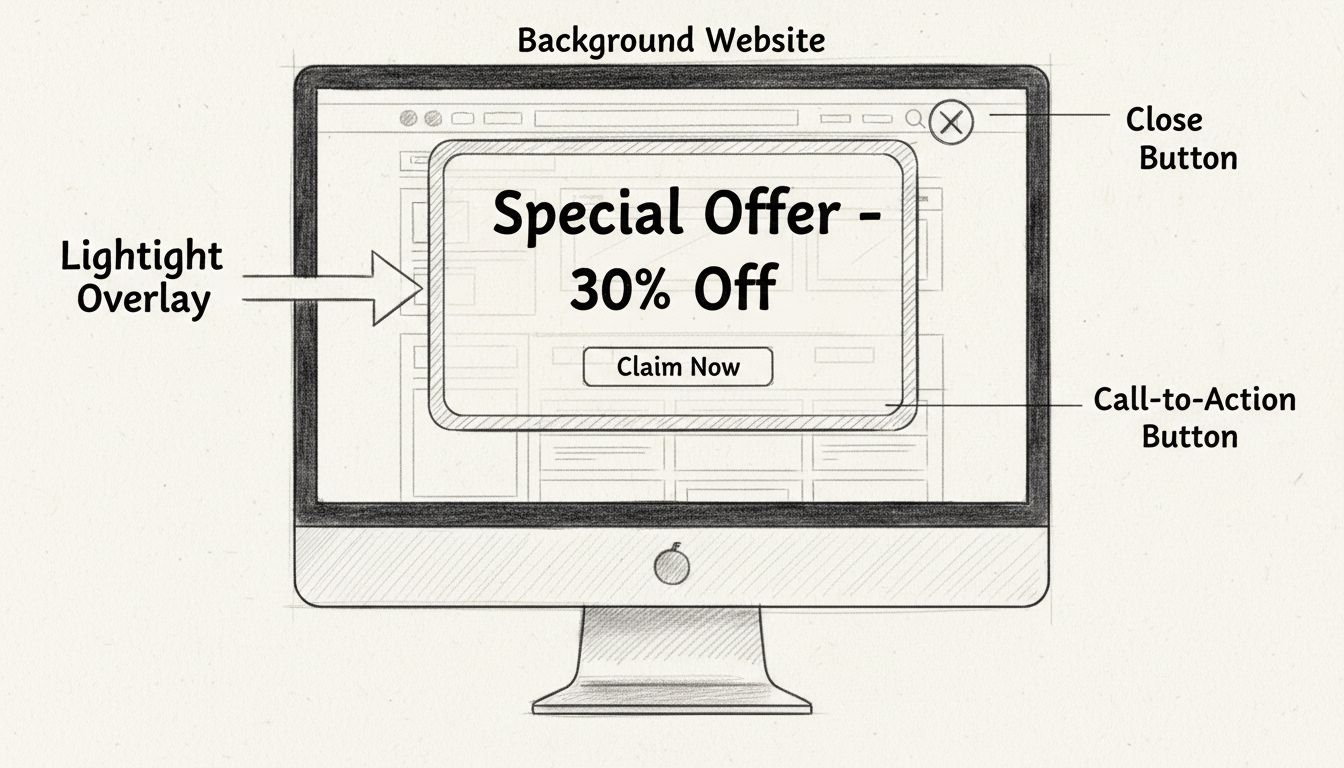 Diagrama desenhado à mão mostrando a estrutura do banner lightbox com sobreposição, botão de chamada para ação, botão de fechar e elementos de fundo do site