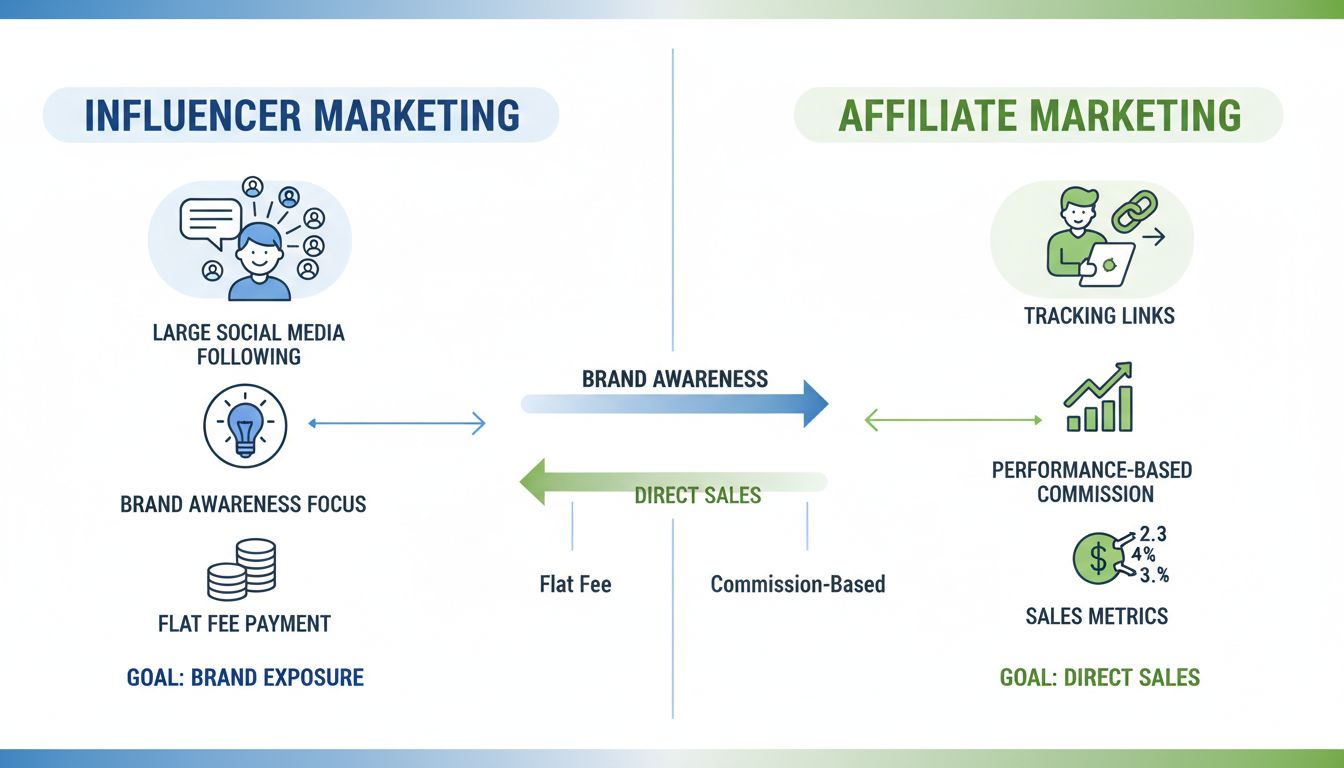 Diagrama de comparação mostrando Marketing de Influenciadores vs Marketing de Afiliados com principais diferenças em objetivos, modelos de pagamento e métricas