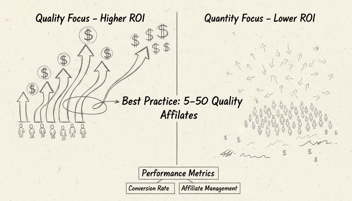 Diagrama de comparação Qualidade vs Quantidade mostrando 5 afiliados de alta performance gerando ROI maior versus 50 afiliados de baixa performance com retornos mínimos