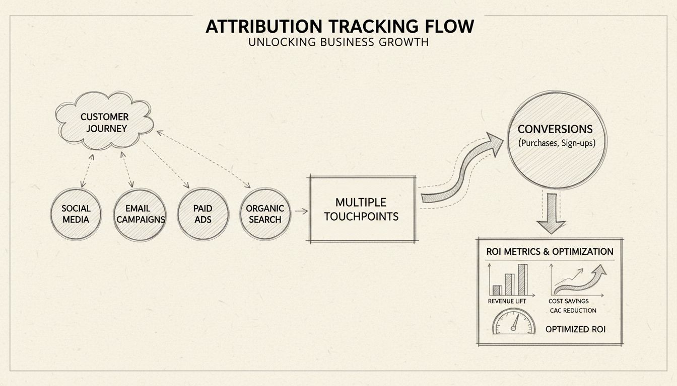 Diagrama de fluxo de rastreamento de atribuição mostrando a jornada do cliente por múltiplos pontos de contato, incluindo mídias sociais, e-mail, anúncios pagos e busca orgânica, conectando-se a conversões e métricas de ROI