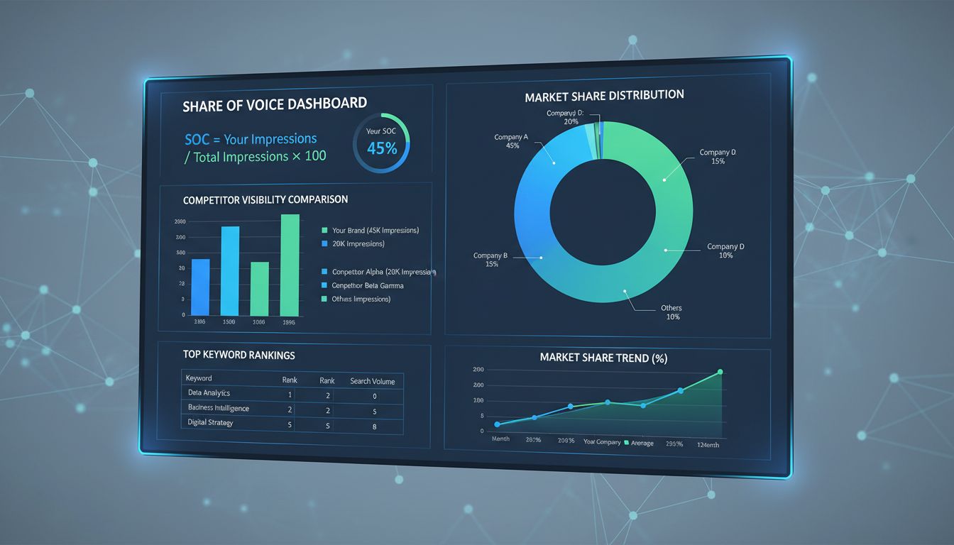 Painel de cálculo do SOC mostrando métricas de participação de mercado, gráficos de análise de concorrentes e fórmula de share of voice
