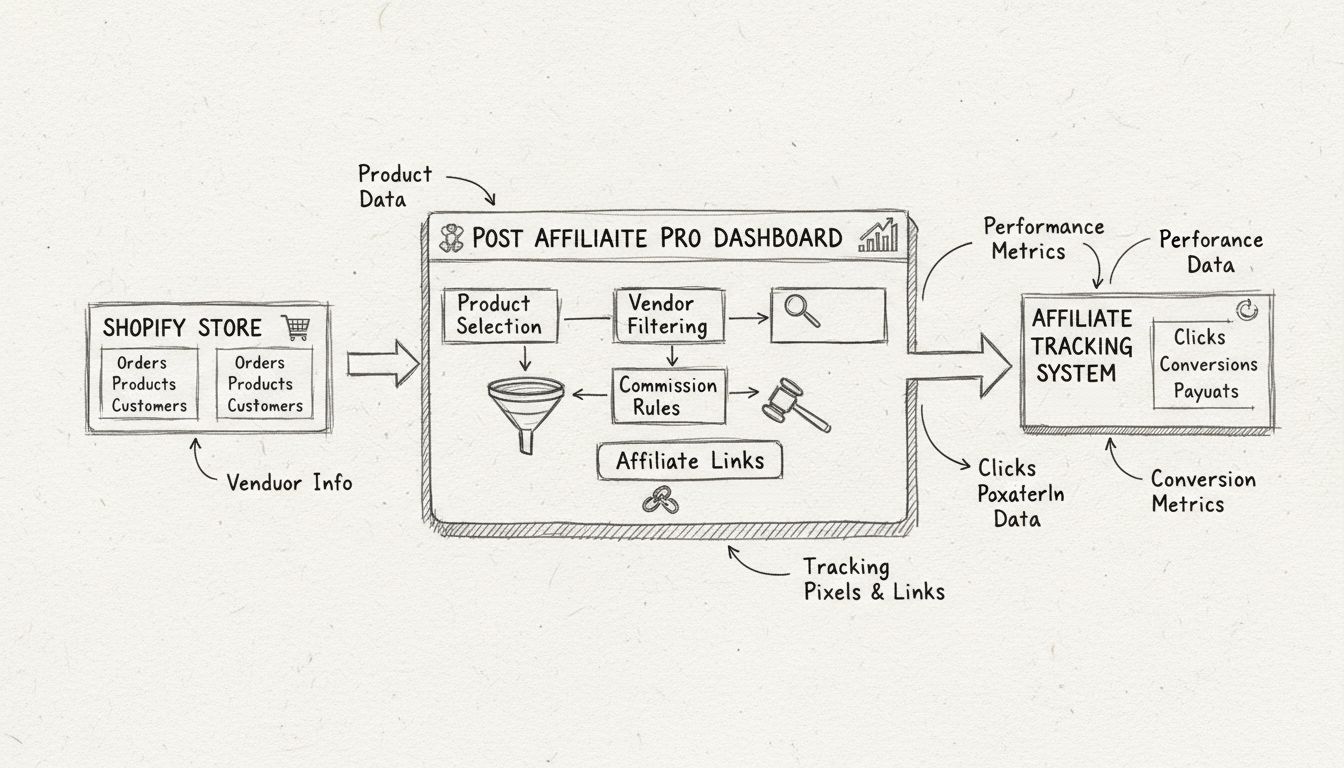Diagrama do fluxo de integração com o Shopify mostrando rastreamento de produtos, filtragem por fornecedor e configuração de regras de comissão