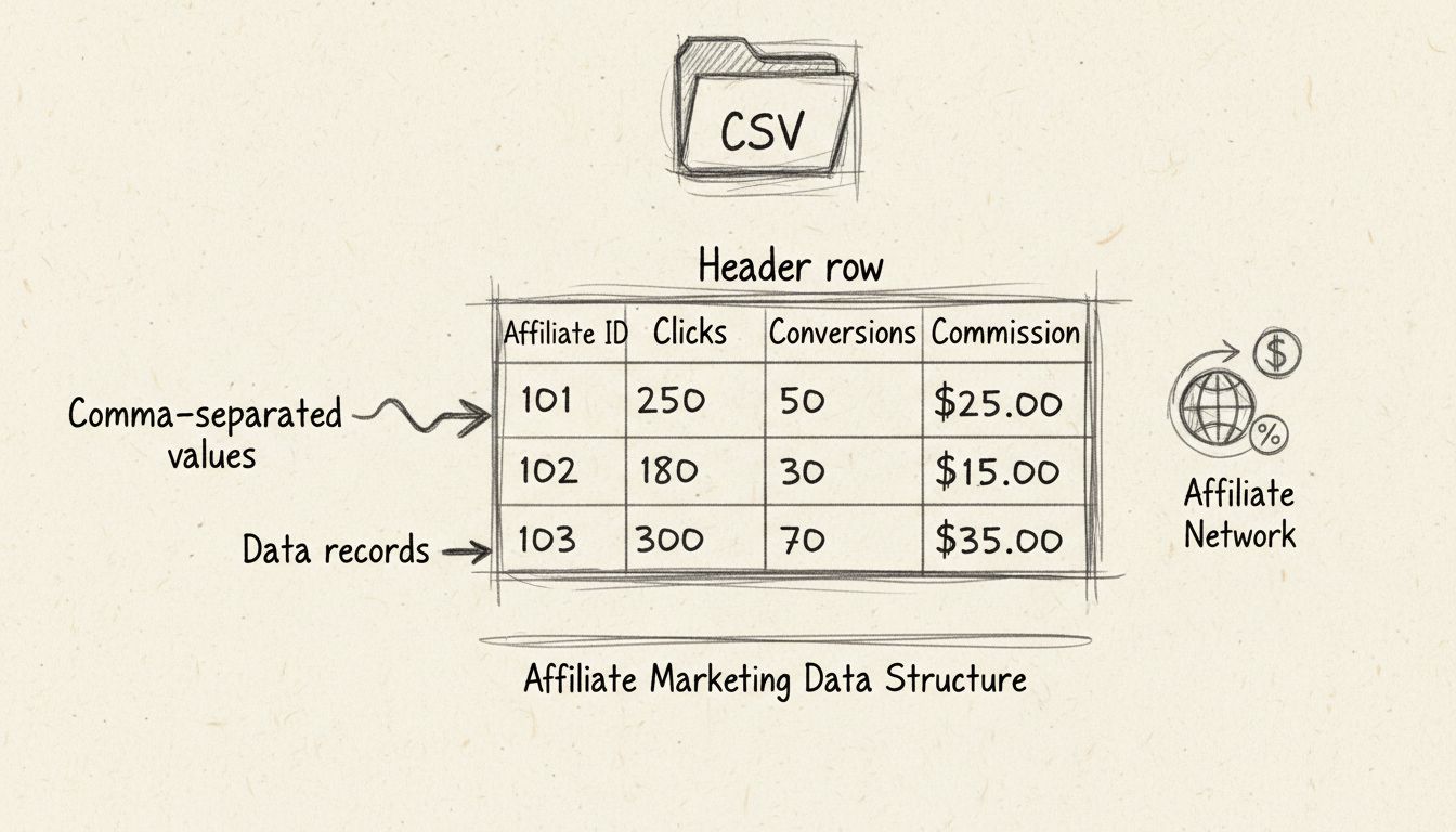 Diagrama desenhado à mão mostrando a estrutura de um arquivo CSV com cabeçalhos, registros de dados e valores separados por vírgula para marketing de afiliados