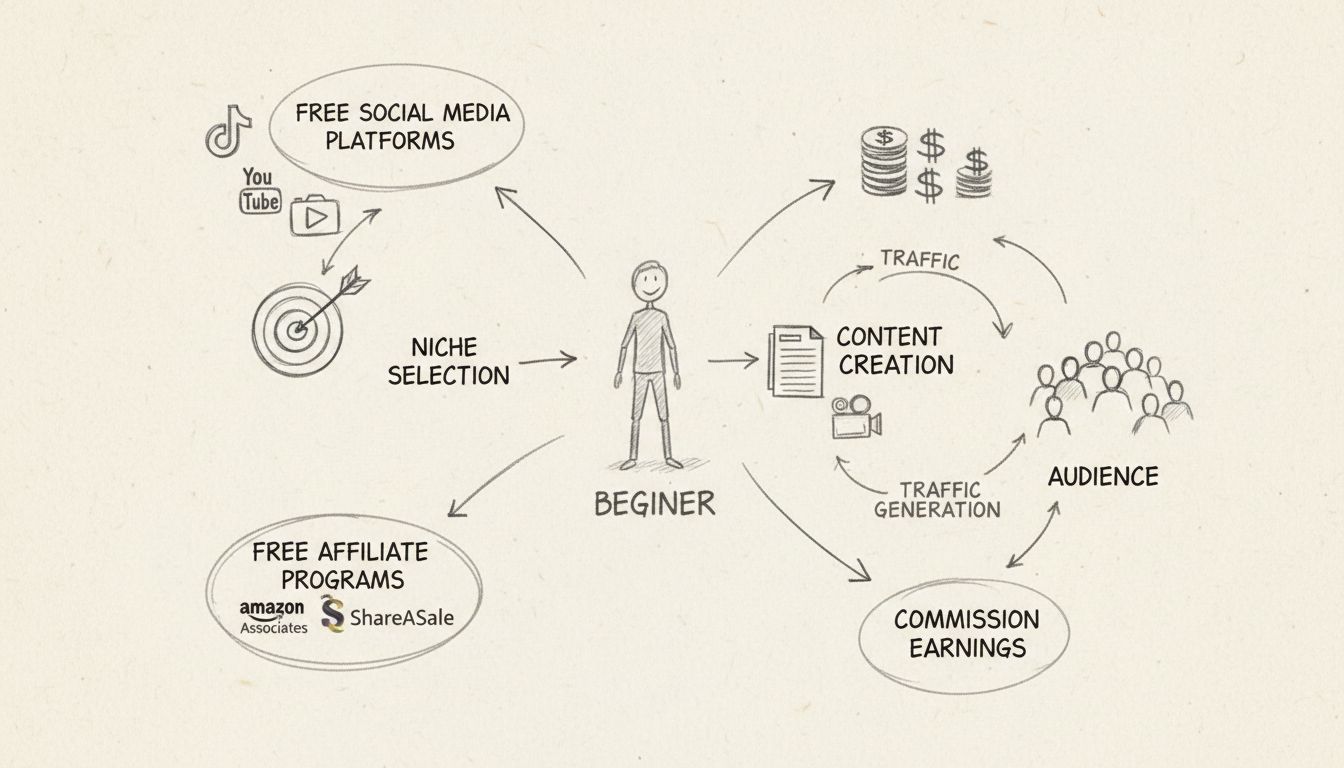 Processo passo a passo de como começar no marketing de afiliados sem dinheiro, mostrando plataformas gratuitas, escolha de nicho, programas de afiliados, criação de conteúdo, geração de tráfego e ganhos de comissão