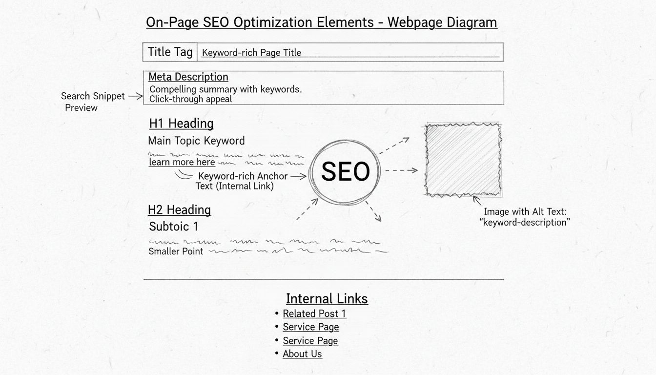 Diagrama desenhado à mão mostrando elementos de SEO on-page como tag de título, meta descrição, título H1, posicionamento de palavras-chave, tags de cabeçalho, texto alternativo e links internos na estrutura de uma página web