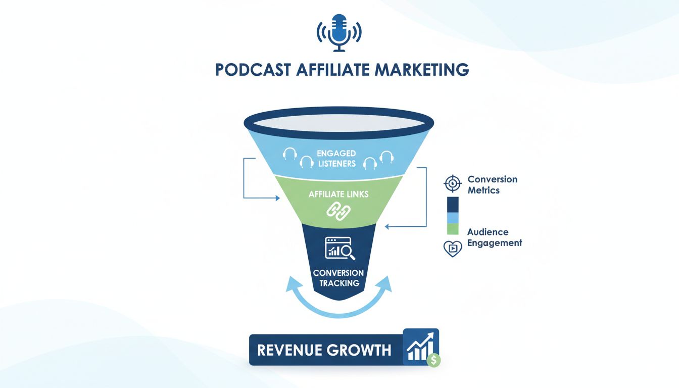 Infográfico sobre benefícios do marketing de afiliados em podcasts mostrando funil de conversão e métricas de engajamento