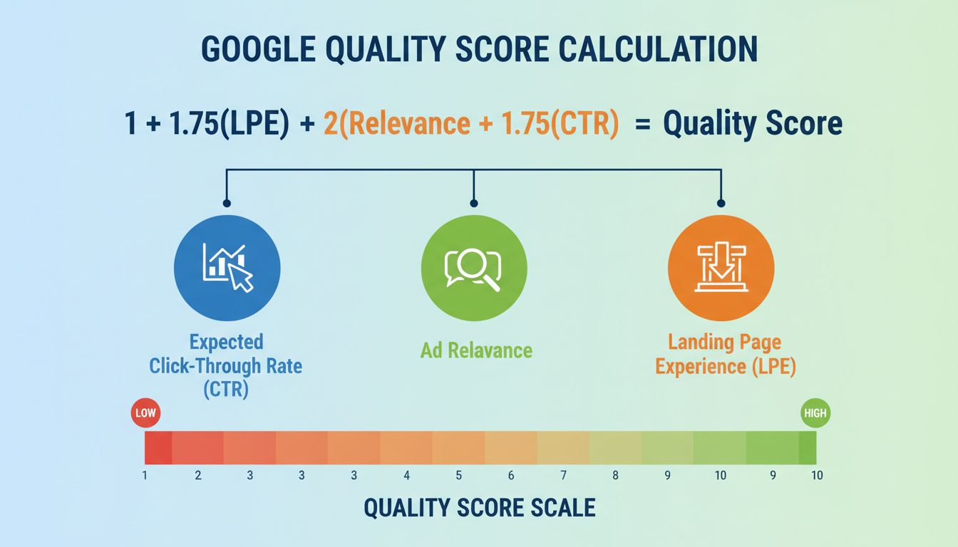 Infográfico da fórmula de cálculo do Quality Score do Google mostrando três componentes e escala de 1 a 10