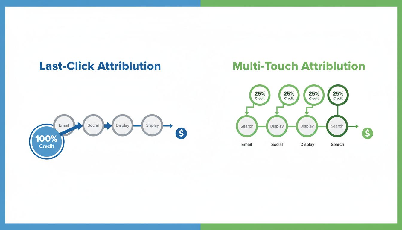 Comparação dos modelos de Atribuição de Último Clique versus Multi-Touch mostrando distribuição de crédito