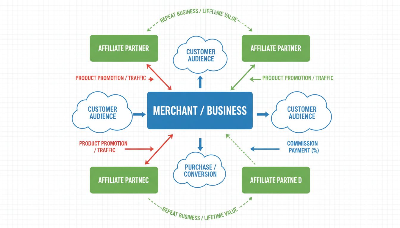 Diagram showing affiliate marketing workflow and commission structure with merchant at center, multiple affiliate partners, product promotion flow, customer purchases, and commission payments