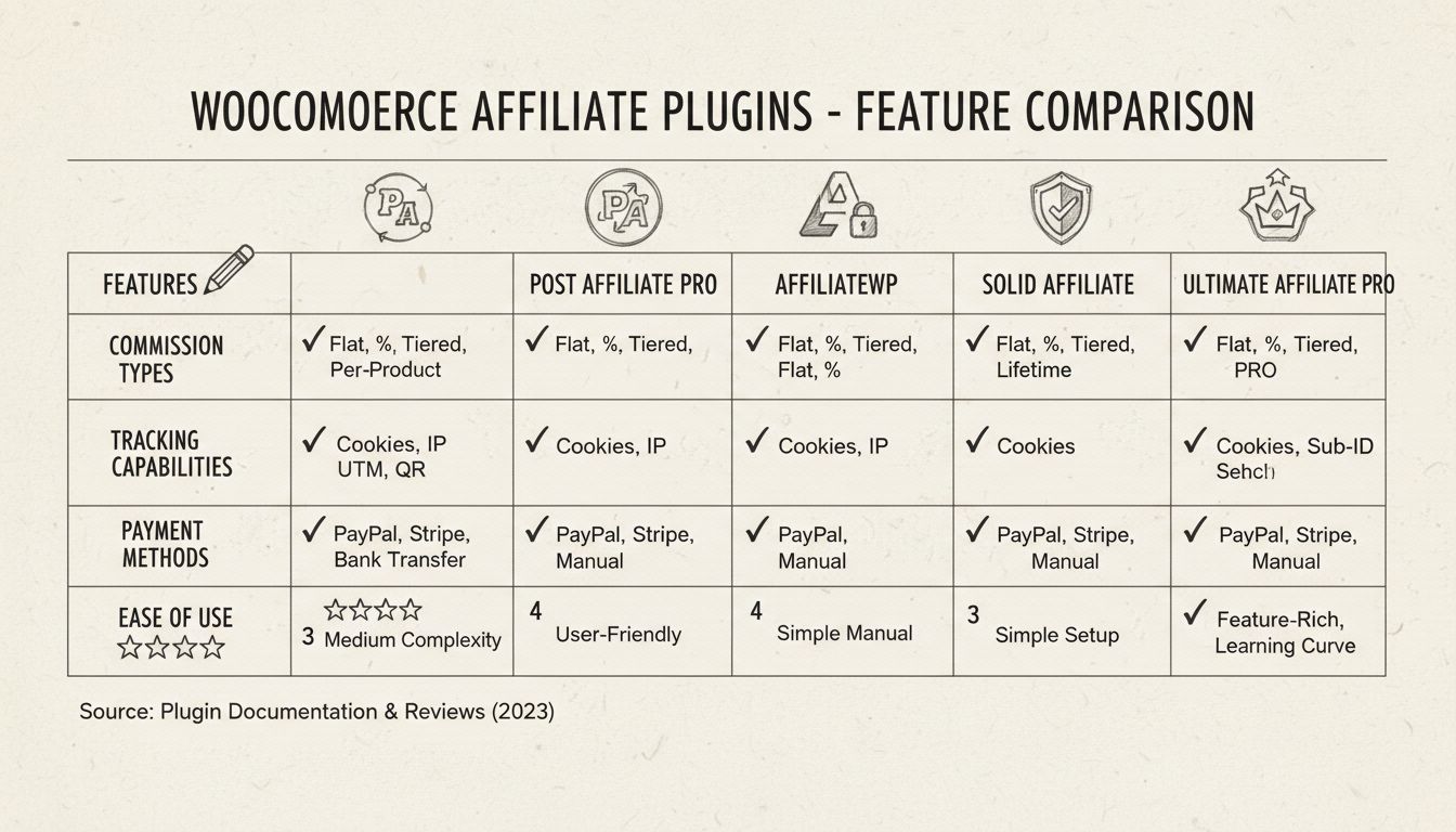 Gráfico comparativo de plugins de afiliados WooCommerce mostrando recursos do Post Affiliate Pro, AffiliateWP, Solid Affiliate e Ultimate Affiliate Pro