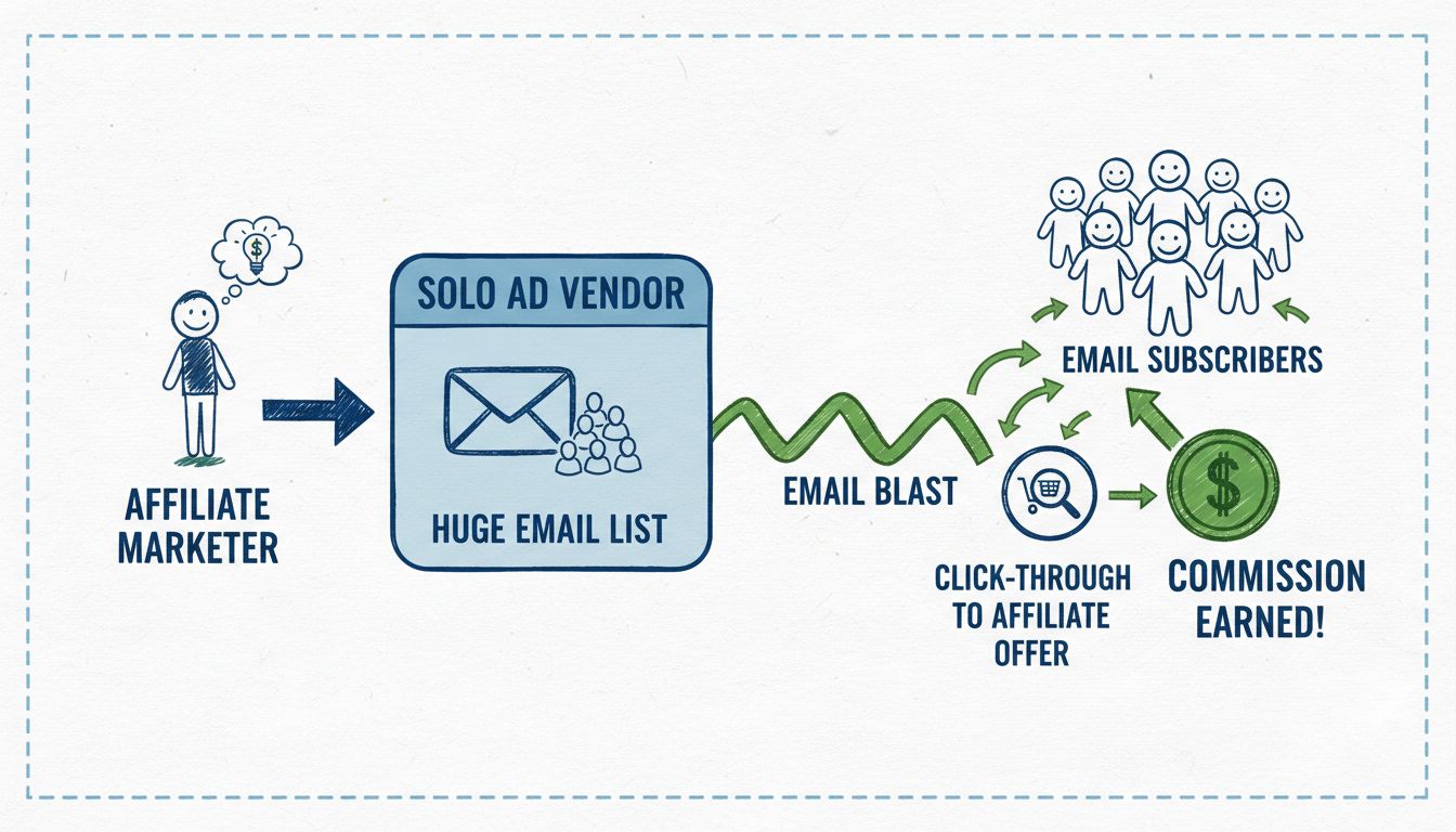 Diagrama do fluxo de solo ads mostrando afiliado, fornecedor, lista de e-mails e fluxo de comissão
