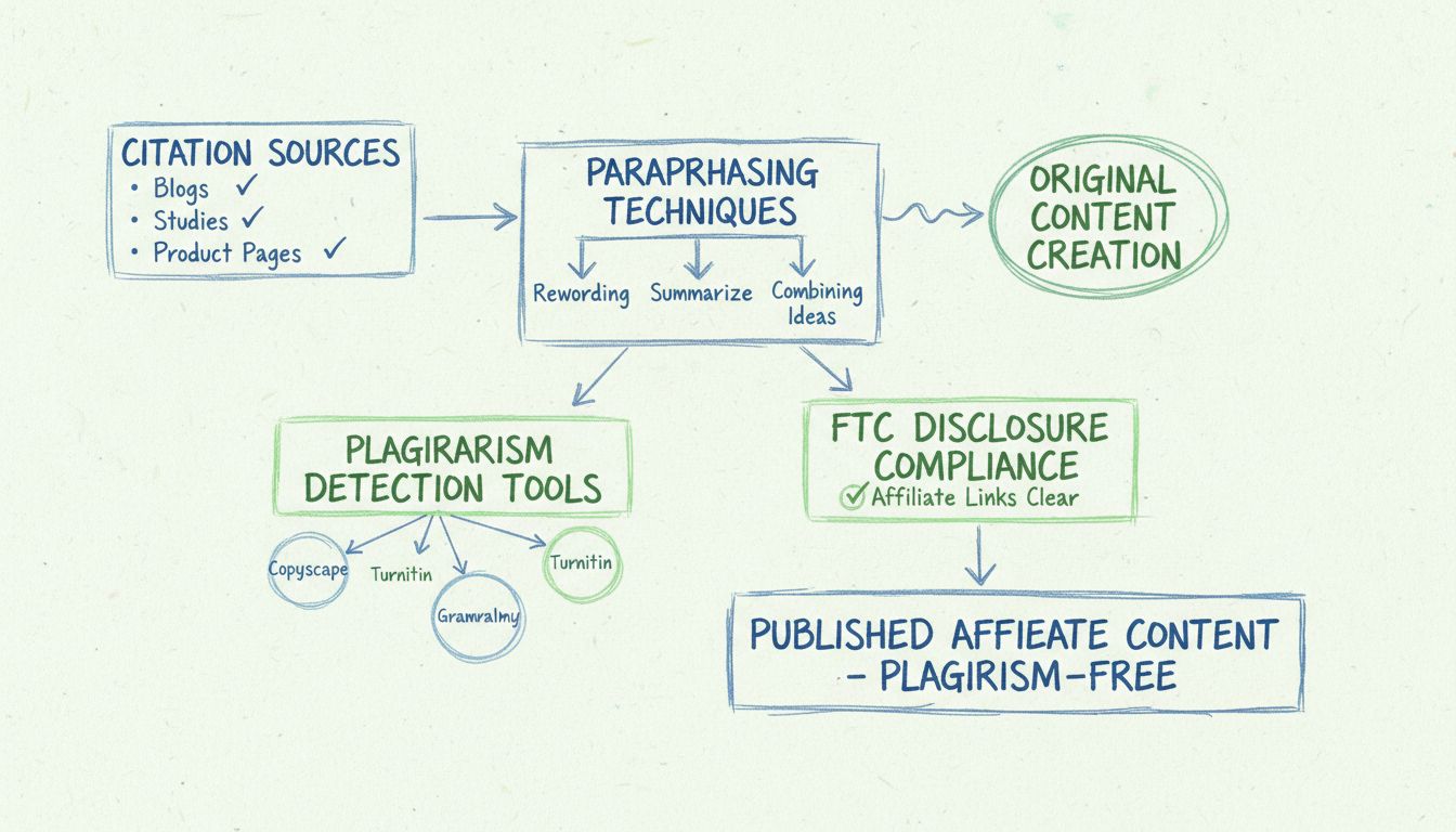 Diagrama do fluxo de trabalho de prevenção de plágio mostrando fontes de citação, técnicas de paráfrase, ferramentas de detecção de plágio e etapas de conformidade com o FTC