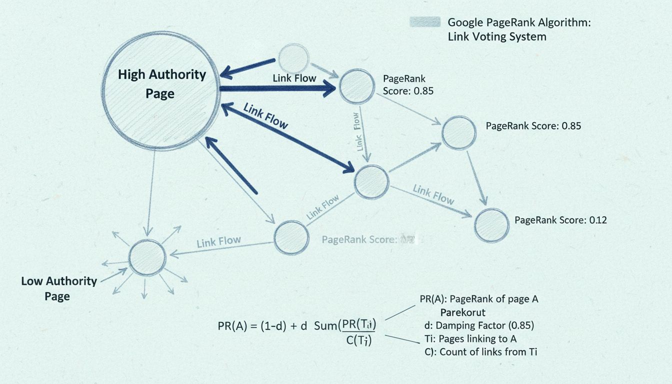 Visualização do algoritmo PageRank mostrando rede de páginas conectadas com fluxo de links e distribuição de autoridade