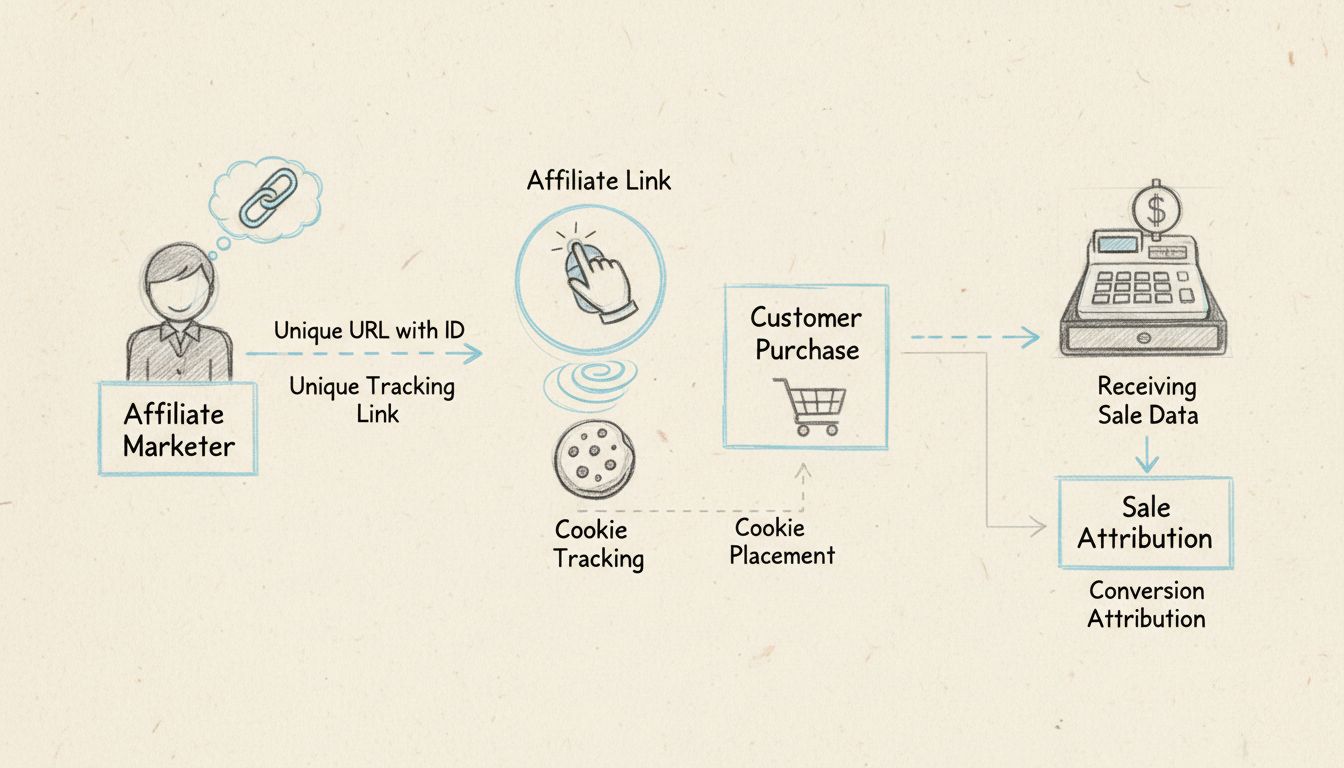 Diagrama de fluxo de rastreamento de vendas de afiliados mostrando links únicos, rastreamento por cookies, compra do cliente e atribuição da venda