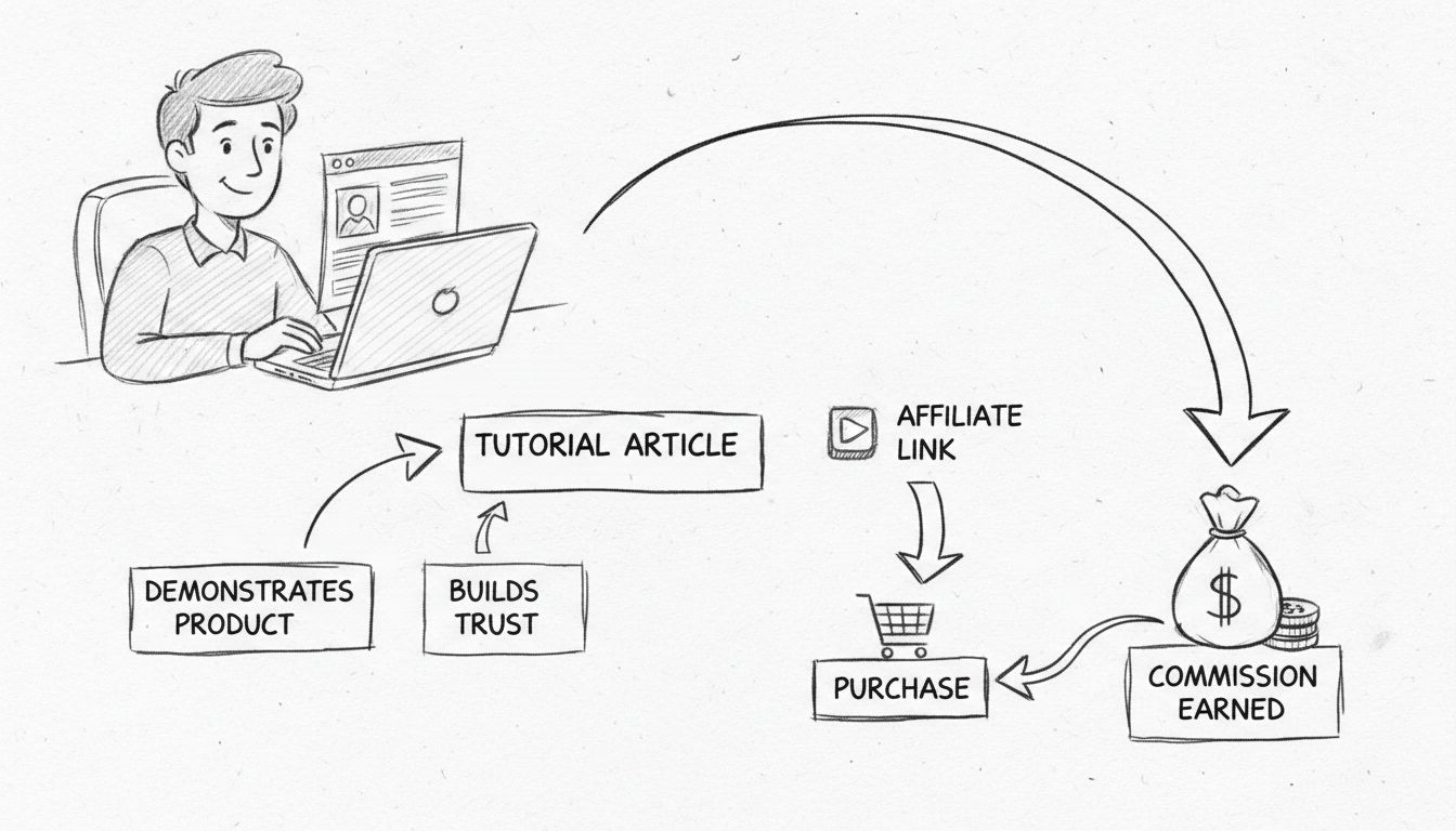 Diagrama desenhado à mão mostrando o fluxo do artigo tutorial até a comissão de afiliado: leitor aprende com o tutorial, clica no link de afiliado, realiza a compra, gera comissão