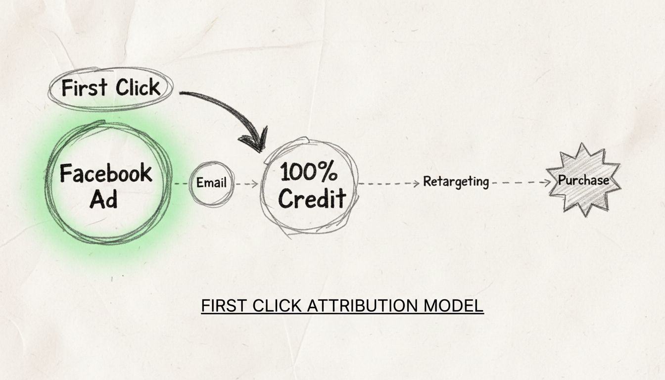 Diagrama do modelo de atribuição ao primeiro clique mostrando a jornada do cliente com múltiplos pontos de contato e 100% do crédito atribuído ao primeiro clique