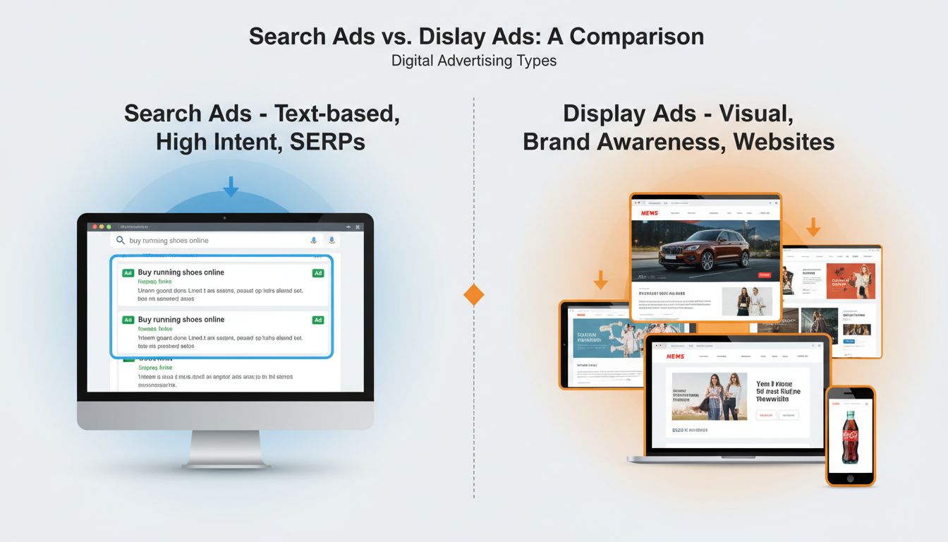 Diagrama comparativo de Anúncios de Pesquisa vs Anúncios de Display mostrando resultados de pesquisa baseados em texto e banners visuais