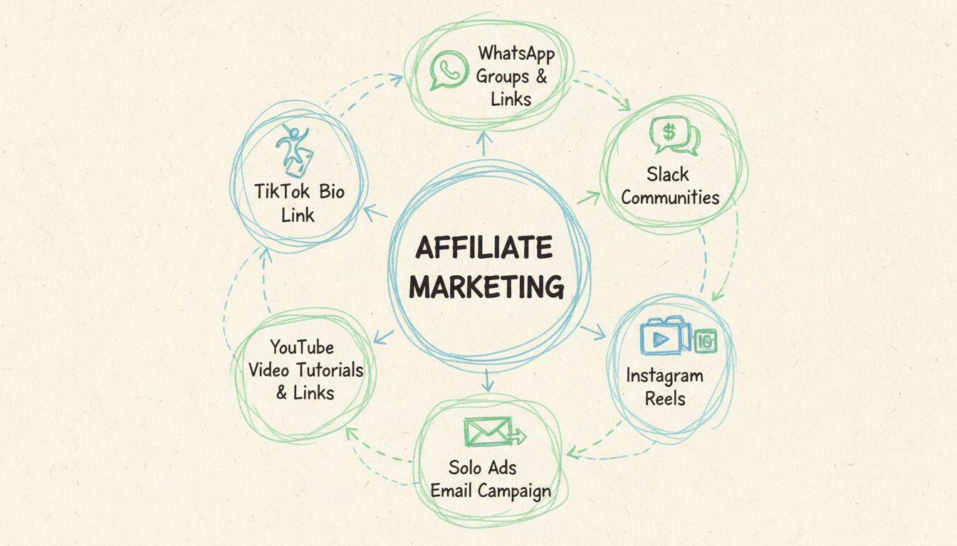 Diagrama feito à mão mostrando métodos não convencionais de marketing de afiliados, incluindo TikTok, WhatsApp, Slack, solo ads, tutoriais no YouTube e Instagram Reels em um fluxo circular