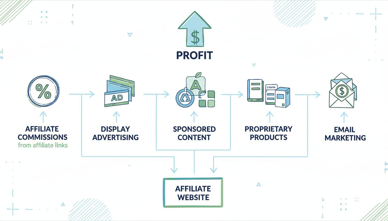 Infográfico de fontes de receita de sites de afiliados mostrando comissão, publicidade, conteúdo patrocinado, produtos próprios e e-mail marketing