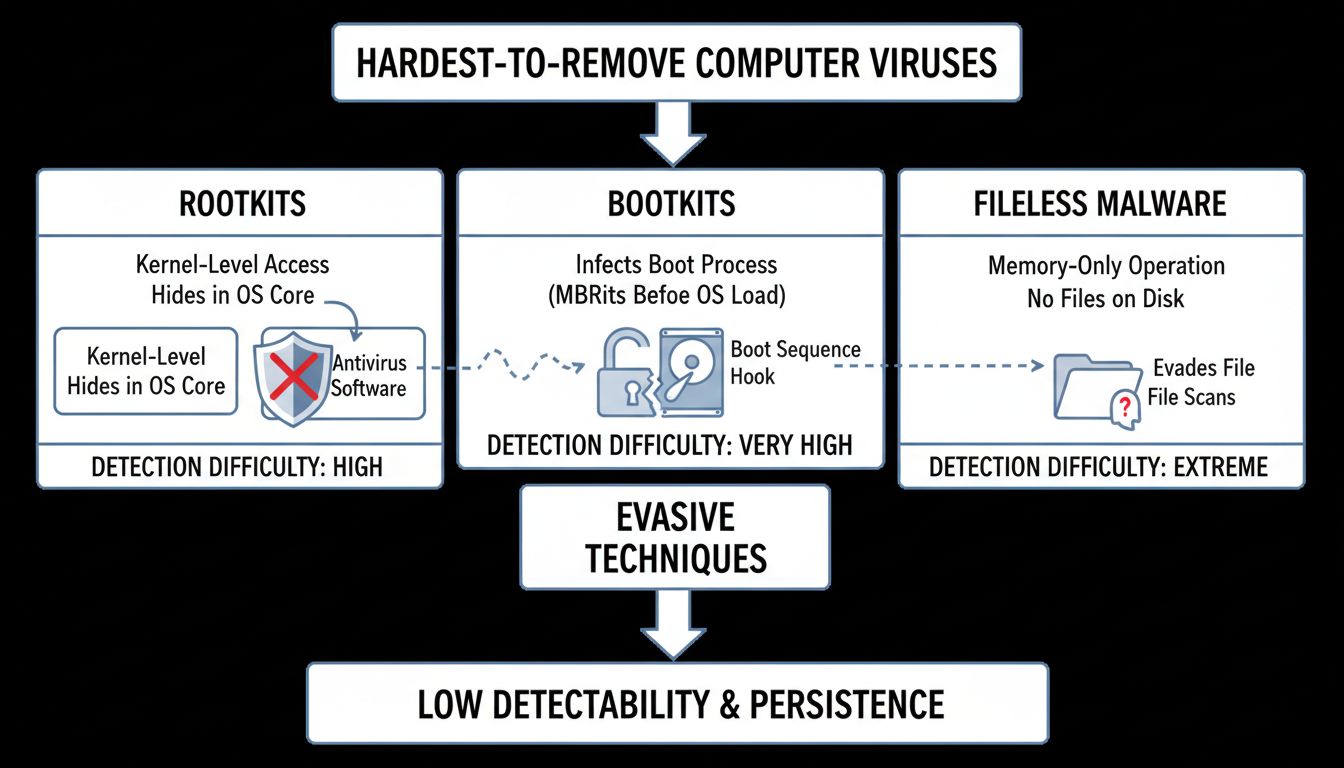 Diagrama técnico mostrando características e níveis de dificuldade de detecção de rootkits, bootkits e malwares fileless