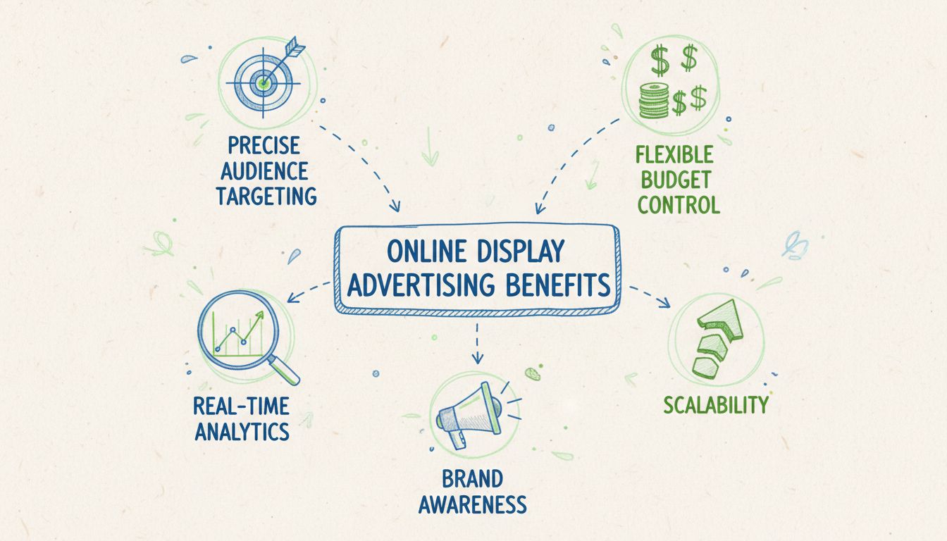 Diagrama desenhado à mão mostrando os principais benefícios da publicidade display online, incluindo segmentação, controle de orçamento, análises, escalabilidade e reconhecimento de marca