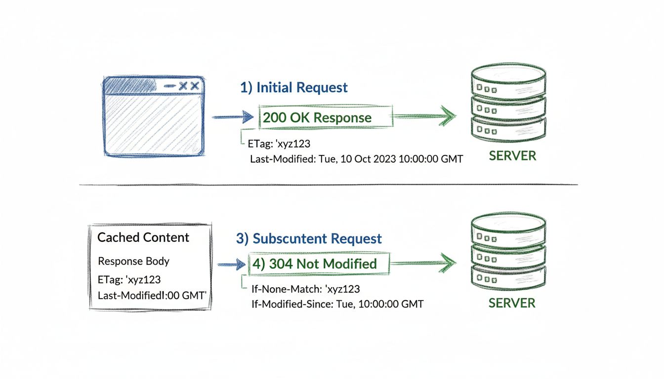 Diagrama de fluxo de cache HTTP mostrando o processo de validação dos cabeçalhos ETag e Last-Modified com a comunicação entre navegador e servidor