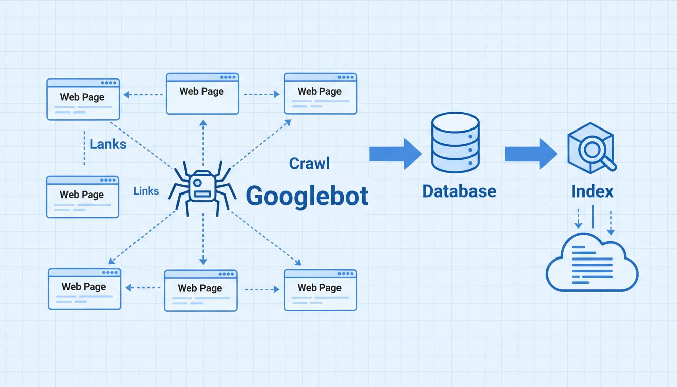 Diagrama técnico mostrando o Googlebot rastreando páginas web interconectadas com indexação em banco de dados e seguimento de links