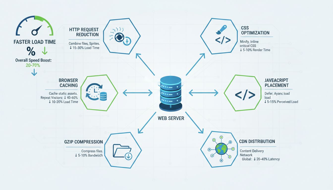Infográfico de métodos de otimização de velocidade de sites mostrando redução de requisições HTTP, otimização de imagens, cache de navegador, compressão Gzip, otimização de CSS, posicionamento de JavaScript e técnicas de distribuição via CDN