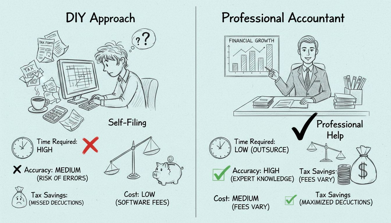 Diagrama comparativo mostrando declaração de impostos DIY versus contratação de contador para marketing de afiliados