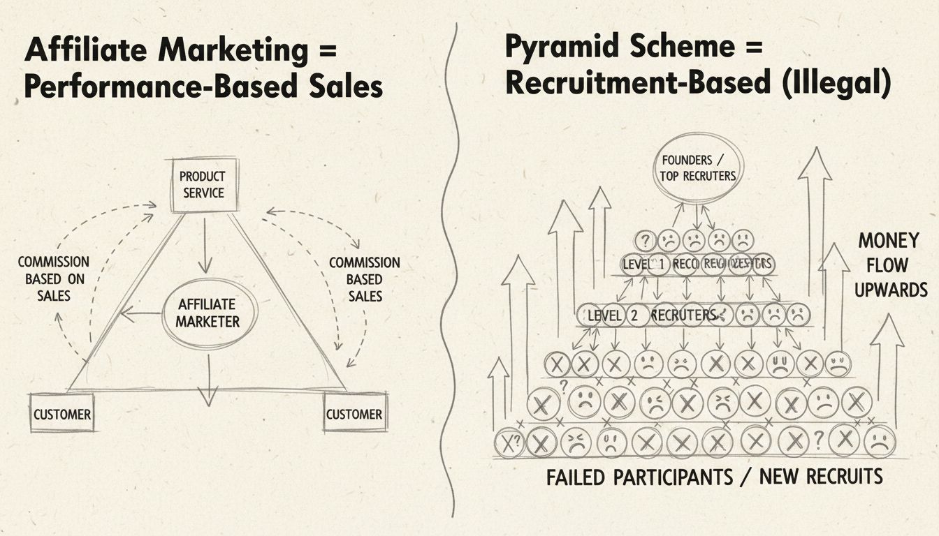 Diagrama desenhado à mão comparando as estruturas de marketing de afiliados e de esquema de pirâmide