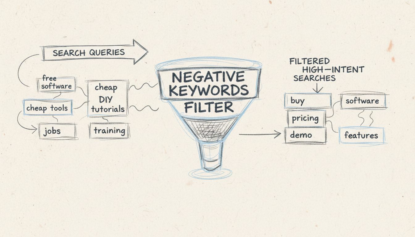 Diagrama desenhado à mão mostrando o processo de filtragem de palavras-chave negativas com buscas irrelevantes à esquerda sendo filtradas por um funil para mostrar apenas buscas relevantes e de alta intenção à direita