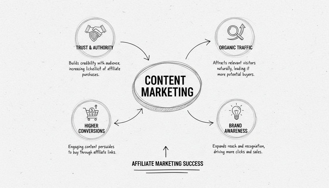 Diagrama desenhado à mão mostrando o marketing de conteúdo conectado à confiança, tráfego orgânico, conversões e reconhecimento de marca