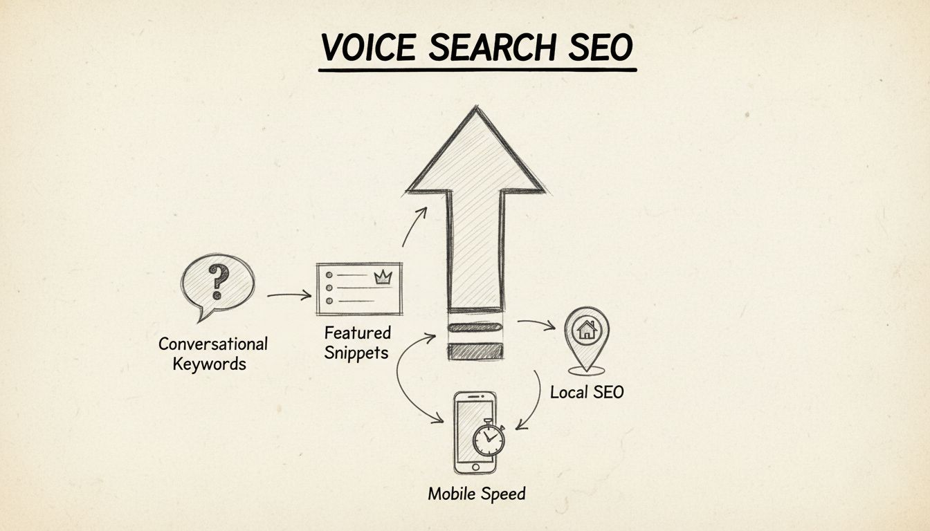 Diagrama de Estratégia de Otimização para Busca por Voz mostrando palavras-chave conversacionais, snippets em destaque, SEO local e otimização de velocidade mobile