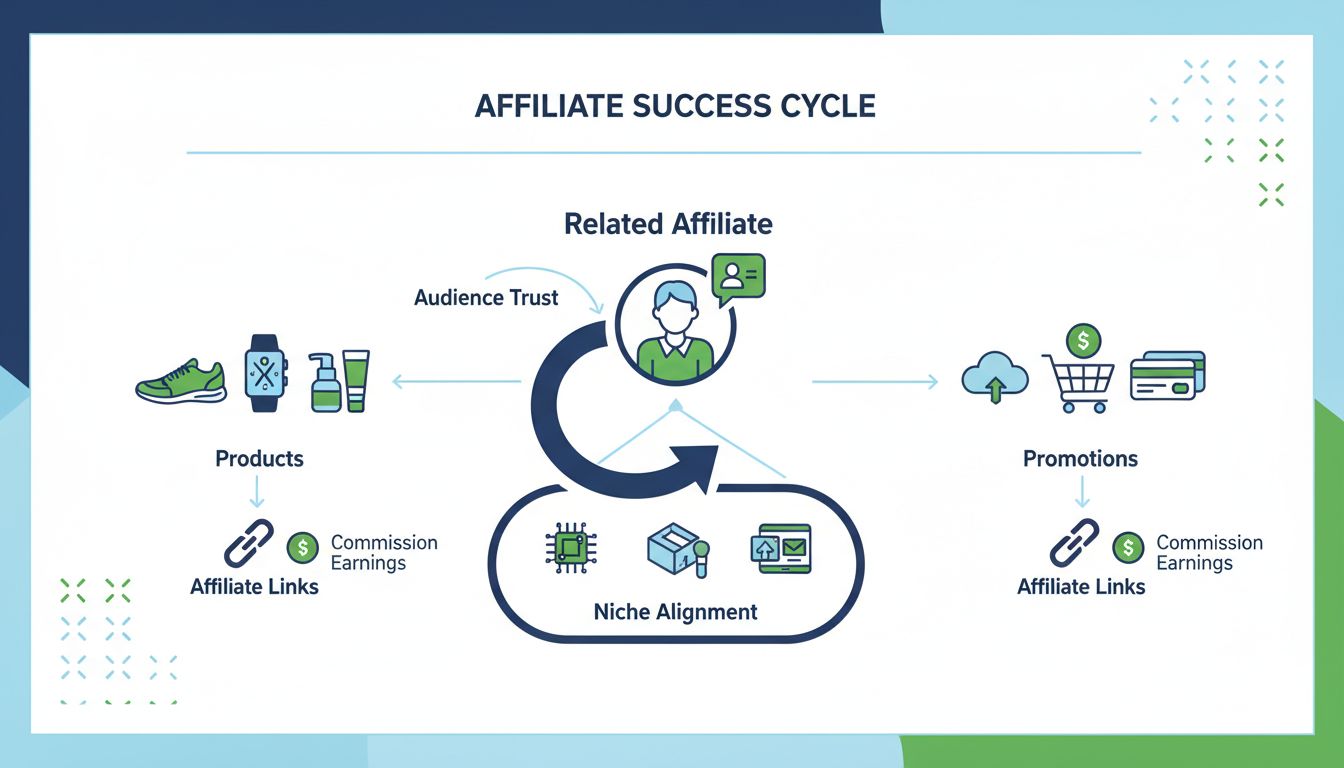 Diagrama de Marketing de Afiliados Relacionado mostrando alinhamento de nicho, confiança do público e ganhos por comissão