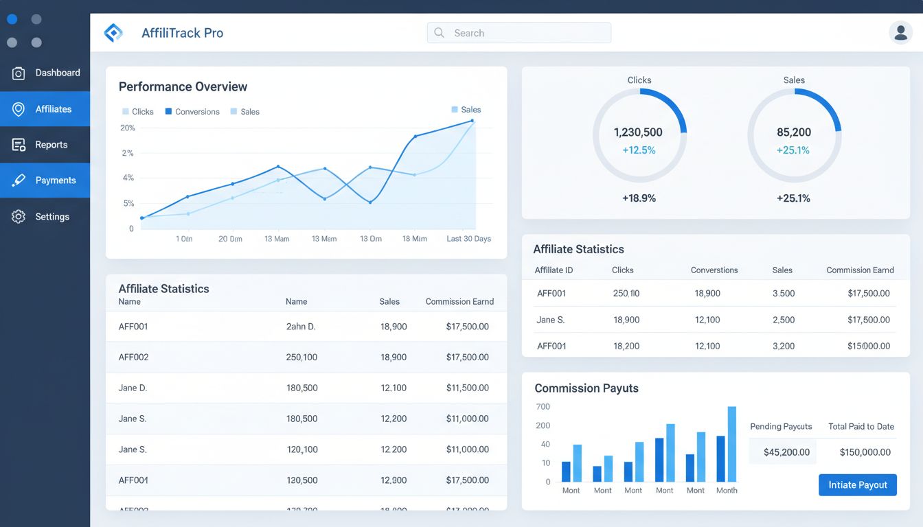 Painel de software de rastreamento de marketing de afiliados com análises em tempo real, métricas de conversão e acompanhamento de comissões