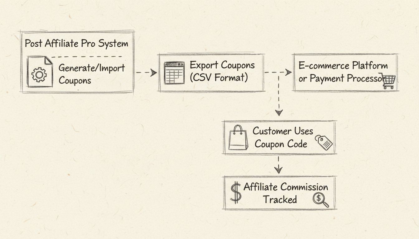 Diagrama do fluxo de exportação de cupons mostrando o processo do Post Affiliate Pro até a exportação para a plataforma de e-commerce e rastreamento de comissão de afiliados
