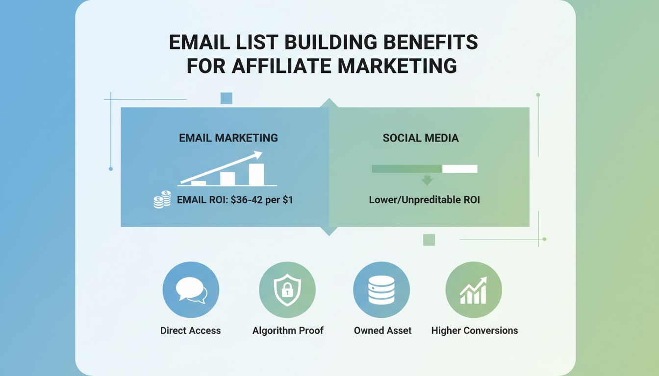Infográfico sobre os benefícios de construir uma lista de e-mails, mostrando comparação de ROI, acesso direto, comunicação à prova de algoritmos, ativos próprios e métricas de conversão superiores para marketing de afiliados