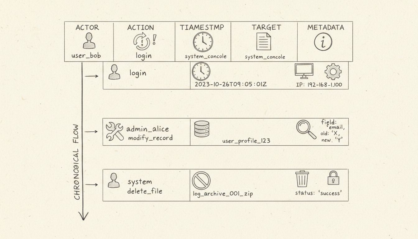 Diagrama da estrutura do log de auditoria mostrando os componentes Ator, Ação, Data/Hora, Alvo e Metadados em ordem cronológica