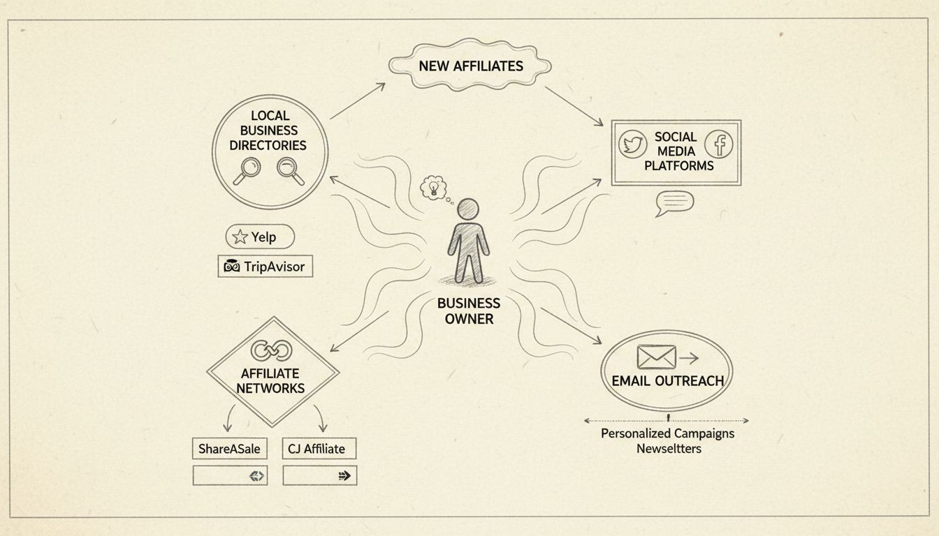 Diagrama desenhado à mão mostrando múltiplos canais de descoberta de afiliados, incluindo diretórios locais, plataformas de redes sociais, redes de afiliados e abordagem por e-mail