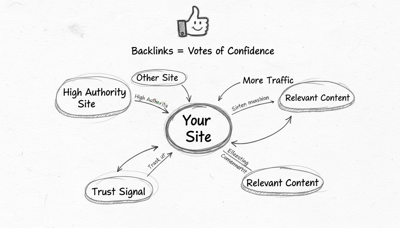 Diagrama feito à mão mostrando como backlinks funcionam como votos de confiança, com vários sites apontando para um site central