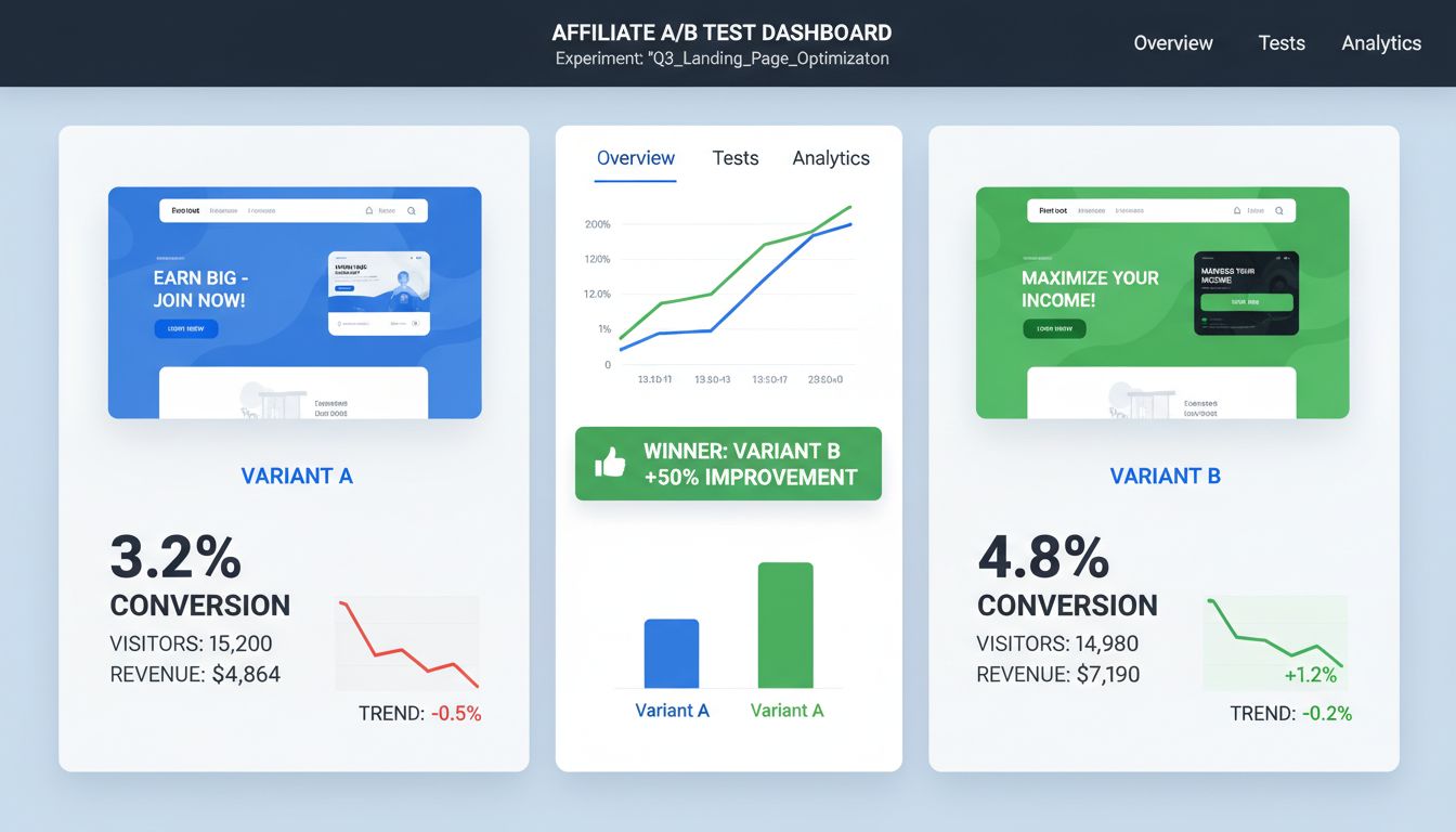 Painel de testes A/B mostrando resultados de testes divididos com taxas de conversão e métricas de desempenho para campanhas de marketing de afiliados