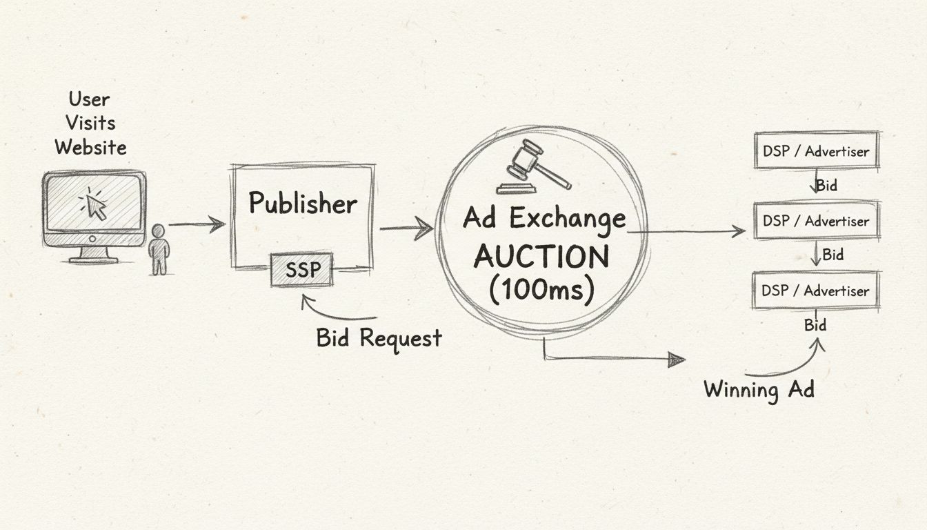 Diagrama do fluxo do processo de Leilão em Tempo Real mostrando usuário, editor, SSP, ad exchange e múltiplos anunciantes dando lances em milissegundos