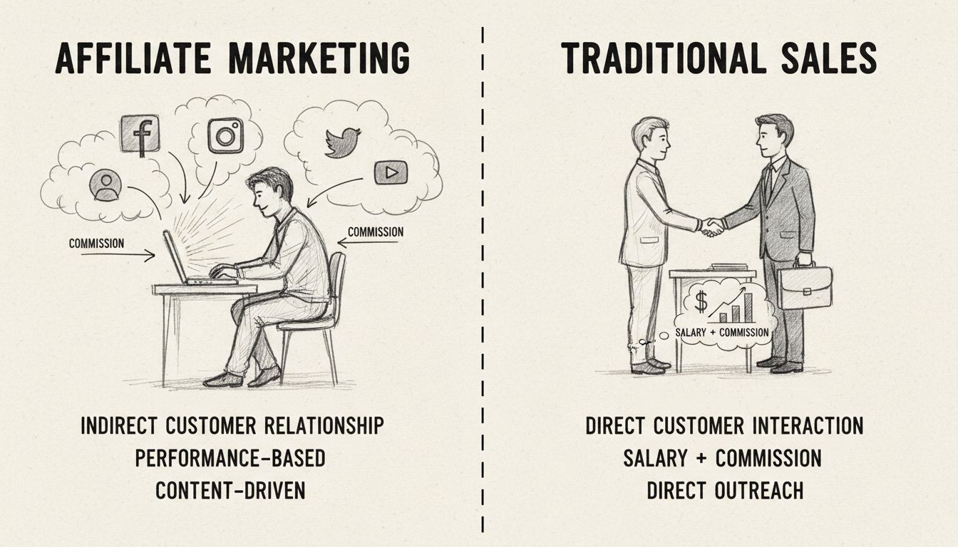 Diagrama desenhado à mão comparando marketing de afiliados e vendas tradicionais mostrando principais diferenças em relacionamento com o cliente, compensação e controle