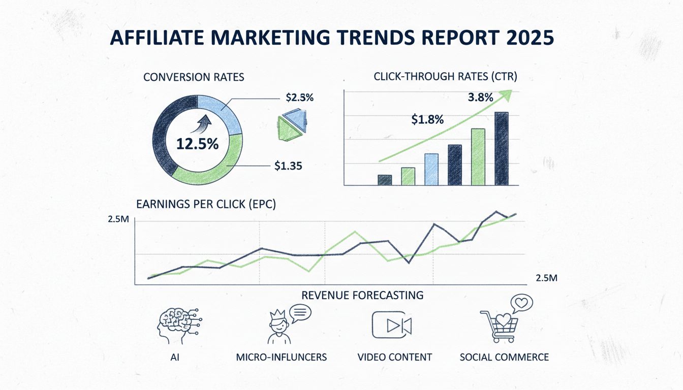 Painel de relatórios de tendências de marketing de afiliados mostrando métricas de desempenho, taxas de conversão, EPC e previsão de receita com ícones de IA e social commerce
