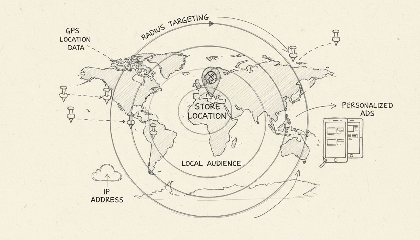 Diagrama desenhado à mão mostrando o conceito de geotargeting com mapa, pinos de localização, círculos concêntricos representando o raio de segmentação e rótulos para Dados de Localização GPS, Endereço IP, Segmentação por Raio, Público Local e Anúncios Personalizados