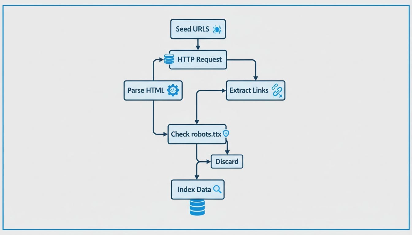 Fluxograma do processo do web crawler mostrando URLs semente, requisições HTTP, análise de HTML, extração de links, verificação do robots.txt e indexação em banco de dados