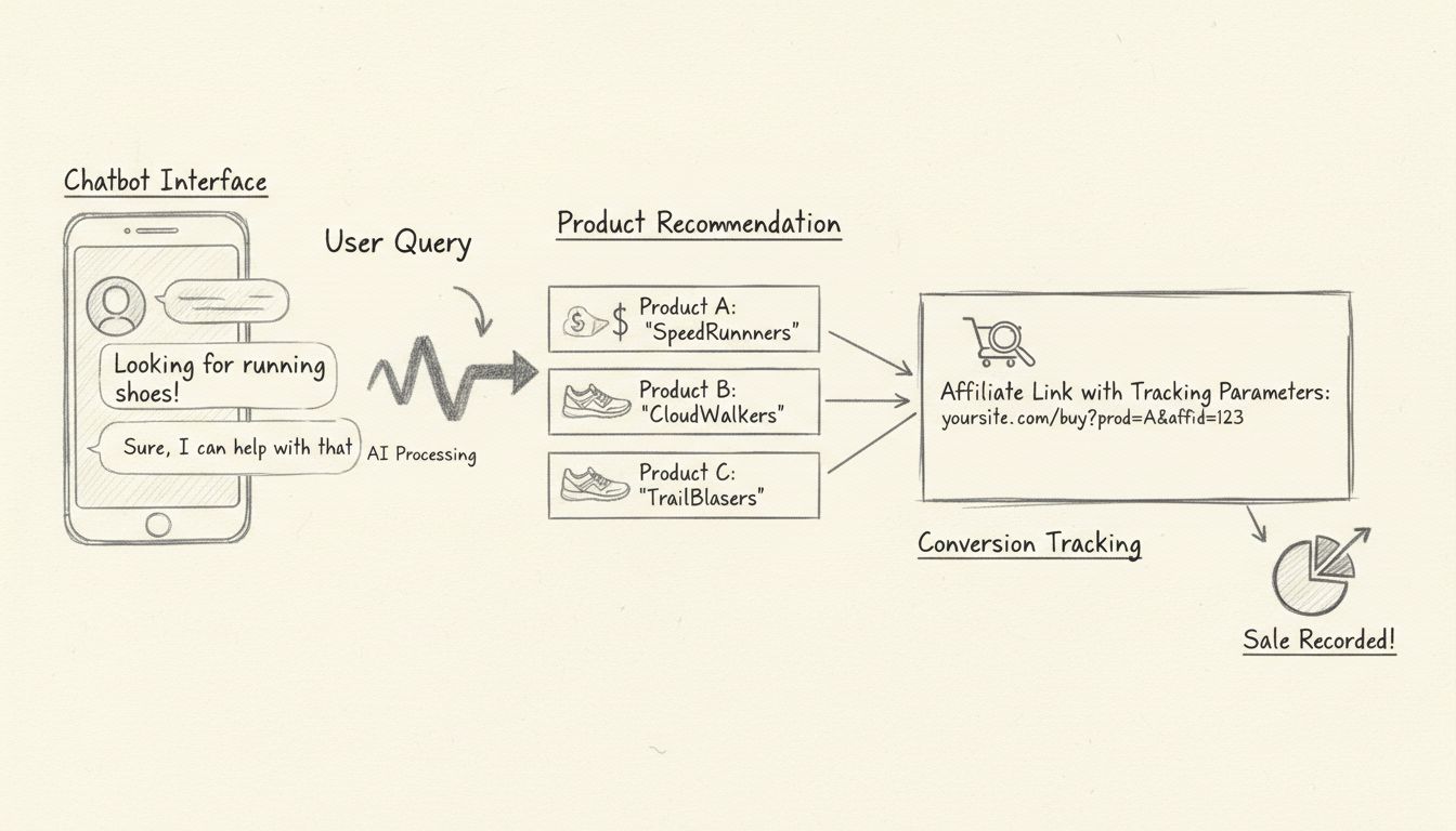 Diagrama desenhado à mão mostrando o fluxo de trabalho do chatbot no marketing de afiliados, com consulta do usuário, processamento por IA, recomendações de produtos e rastreamento de conversão